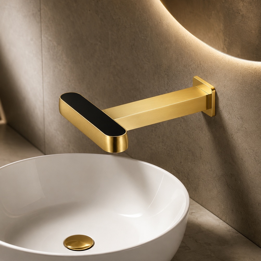 Brushed gold wall-mounted touchless faucet model with black sensor panel installed above a white vessel sink in a modern bathroom